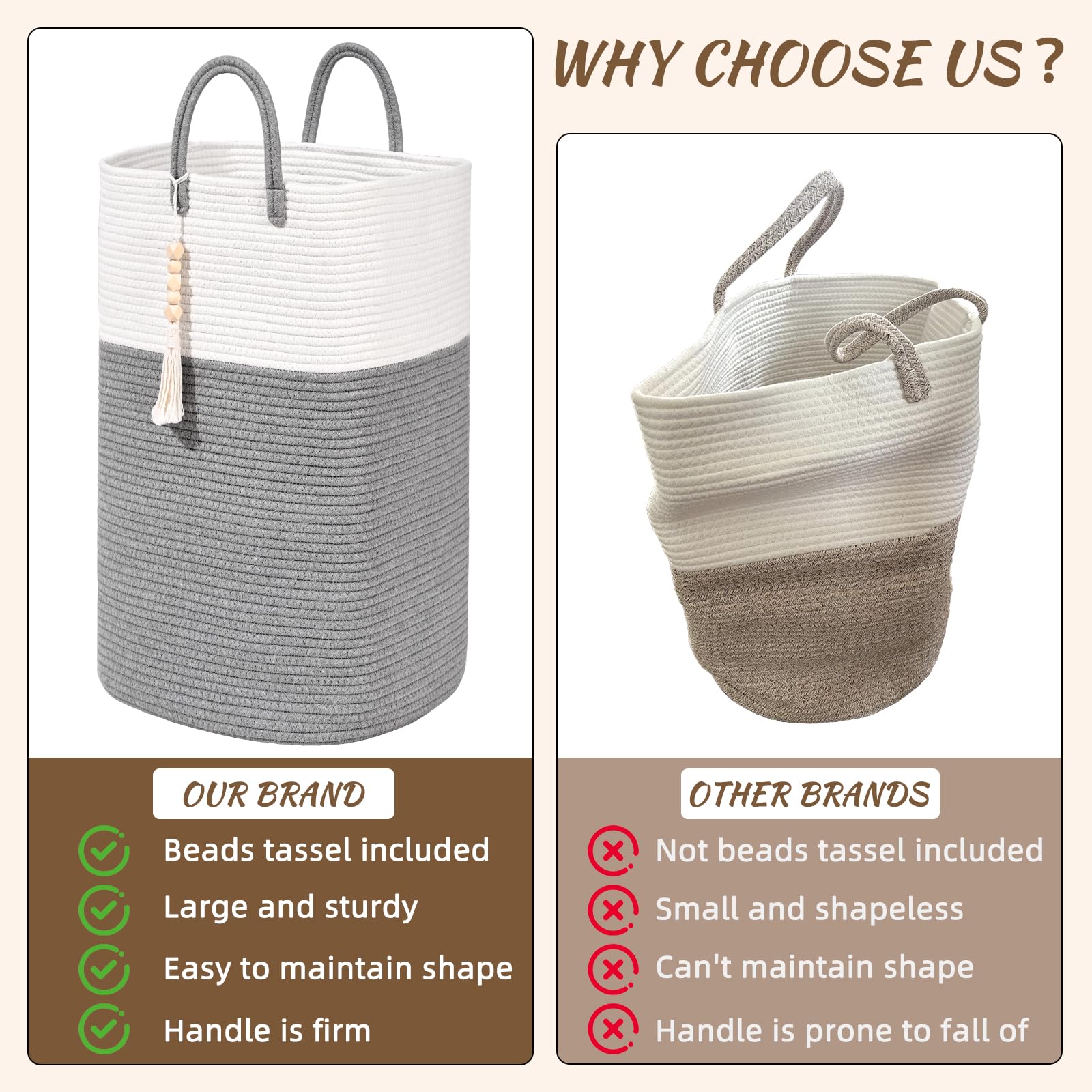 Woven Laundry Basket for Clothes, 50L Large Rectangle Laundry Hampers with Beads Tassel, Nursery Storage Basket for Toys, Tall Dirty Clothes Hamper for Bedroom Aesthetic, Laundry Room Organization
