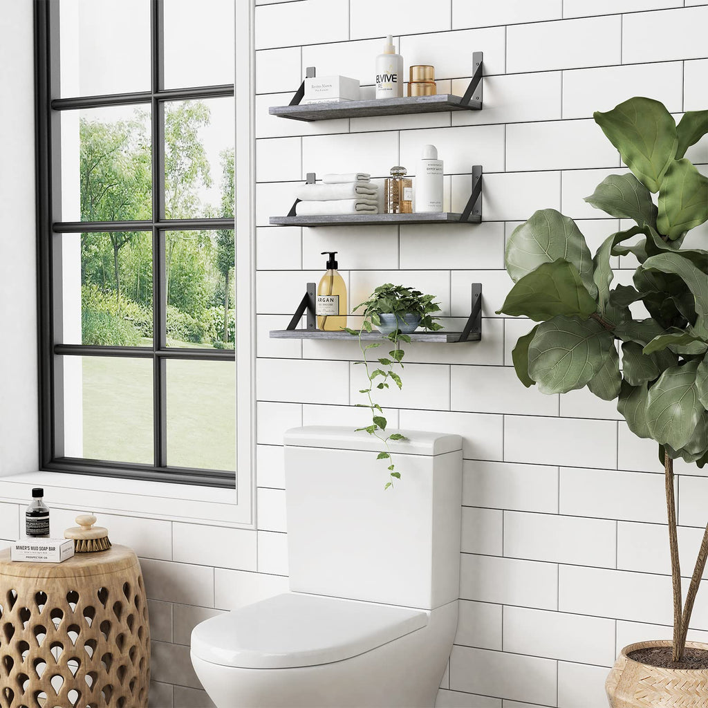 Forbena 12 Inch Deep Floating Shelves for Wall, Wide Black Wall Mounted Shelves for Bedroom Office Books Plants, Large Hanging Shelf for Living Room Bathroom Kitchen Closet Pantry Storage (3-Pack)