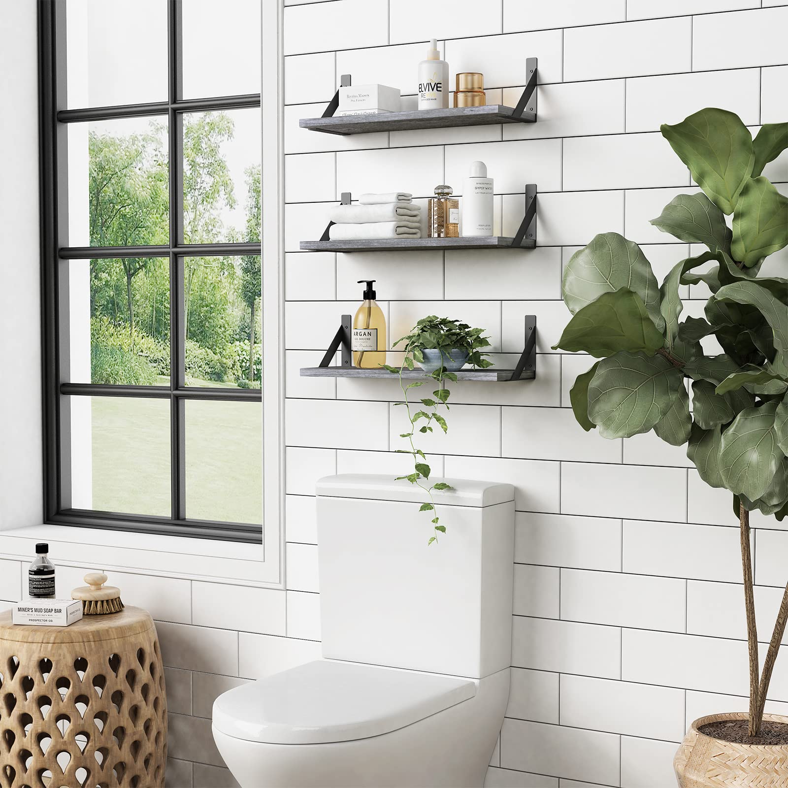Forbena 12 Inch Deep Floating Shelves for Wall, Wide Black Wall Mounted Shelves for Bedroom Office Books Plants, Large Hanging Shelf for Living Room Bathroom Kitchen Closet Pantry Storage (3-Pack)