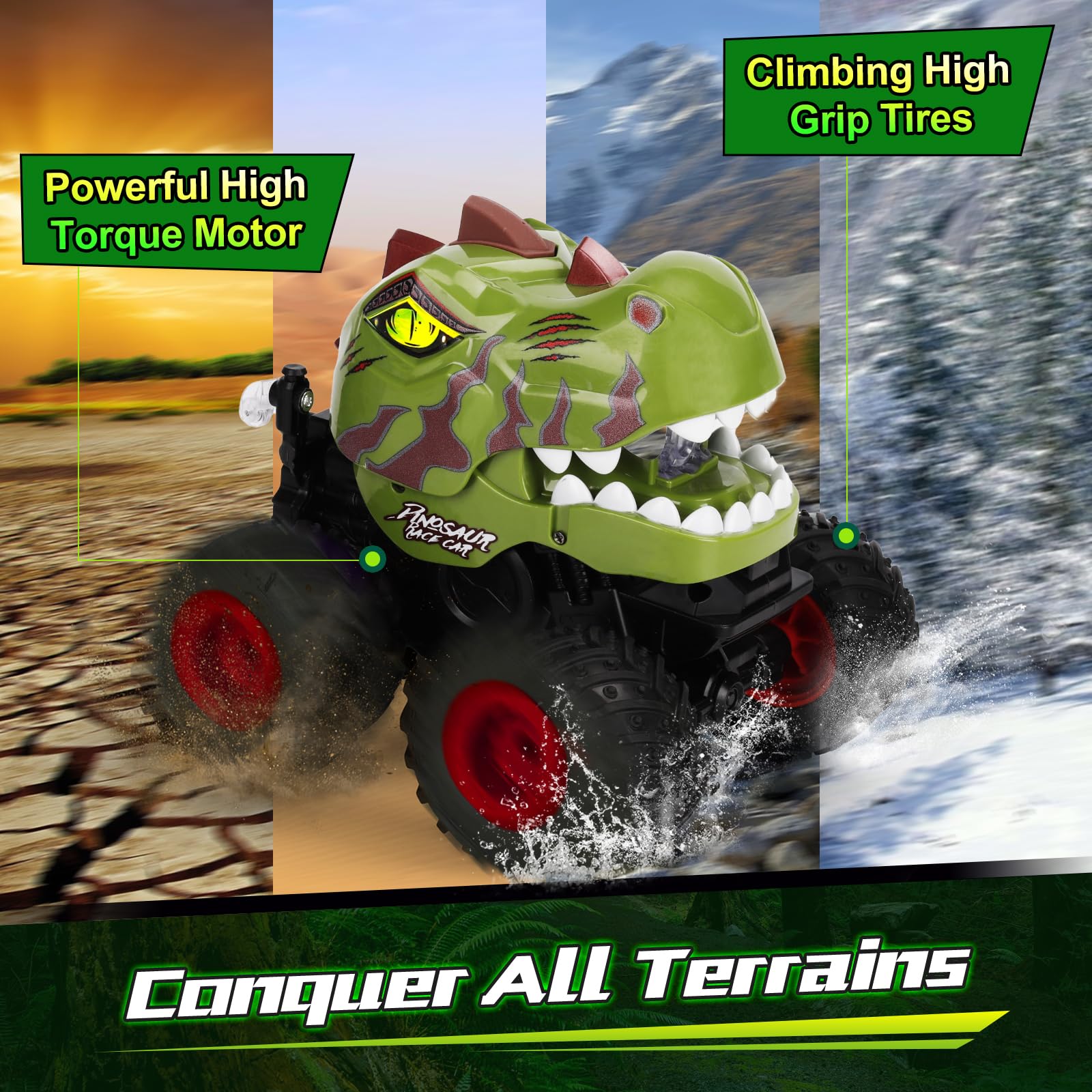 Drefirsa Dinosaur Remote Control Car for Kids Ages 3-5 6-12, Remote Control Monster Truck with Spray, Light, 360° Rolling&90° Driving, All Terrain Dinosaur Toy for Boys Birthday Gift