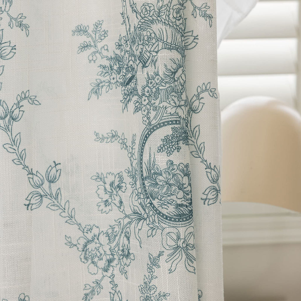 SUOUO Blue Leaf Semi Sheer White Curtains for Bedroom Dining Living Room Linen Textured 84 inches Long Rod Pocket Boho Window Drapes 2 Panels