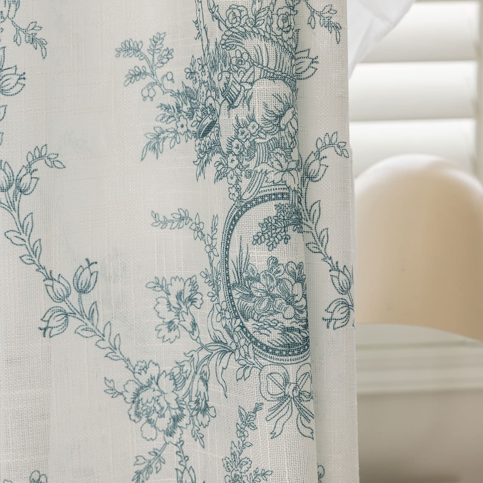 SUOUO Blue Leaf Semi Sheer White Curtains for Bedroom Dining Living Room Linen Textured 84 inches Long Rod Pocket Boho Window Drapes 2 Panels