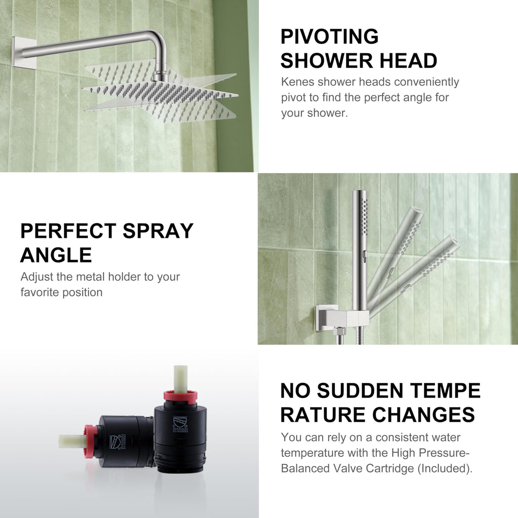 KENES Brushed Nickel 10-Inch Shower Head and Handle Set, Square Shower Faucet Set Bathroom Rainfall Shower System Wall Mount, KE-6024B (Shower Valve Included)