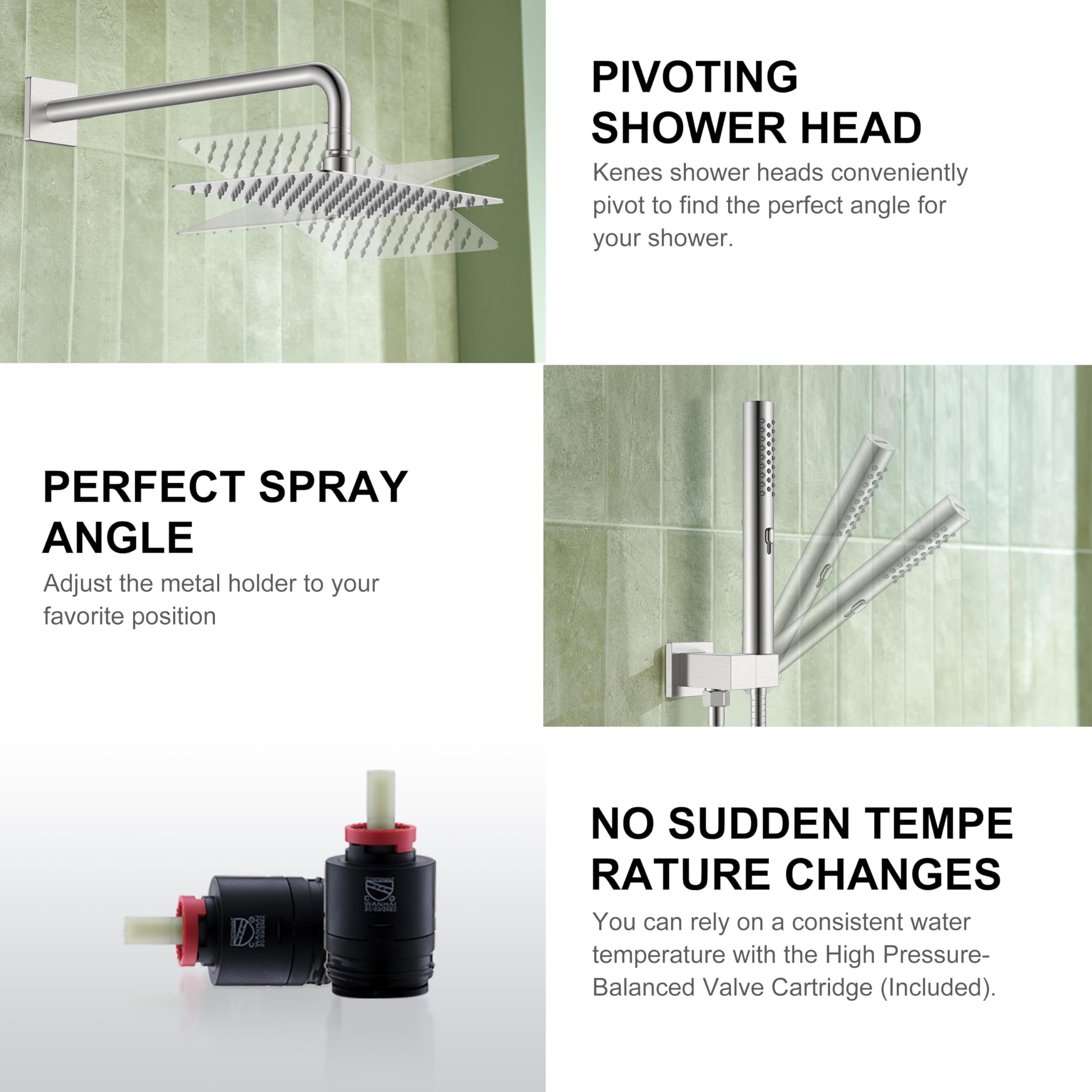 KENES Brushed Nickel 10-Inch Shower Head and Handle Set, Square Shower Faucet Set Bathroom Rainfall Shower System Wall Mount, KE-6024B (Shower Valve Included)