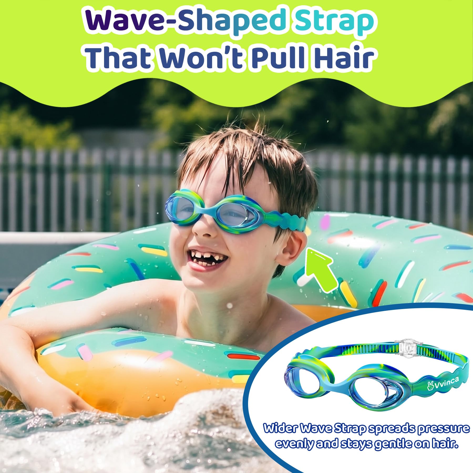 Vvinca Kids Swim Goggles with Fabric Strap No Tangle Pain-Free, Anti-Fog Swimming Pool Goggle No Leak for Toddlers Girls Boys