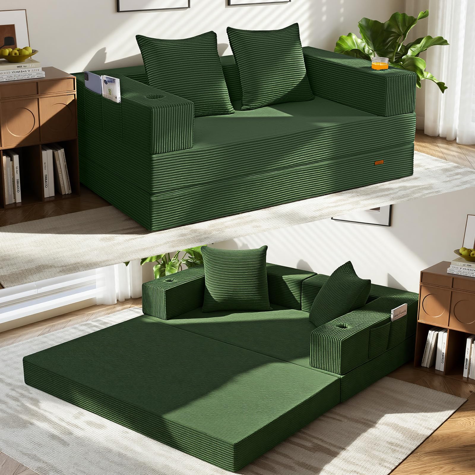 COMAX Futon Sofa Bed, 4‑in‑1 Convertible Sofa Bed, Folding Boneless Couches | Boneless Couch for living room, Fold Out Small Foldable Loveseat Floor Sleeper Mattress Lounge Space‑Saving, Ash Gray