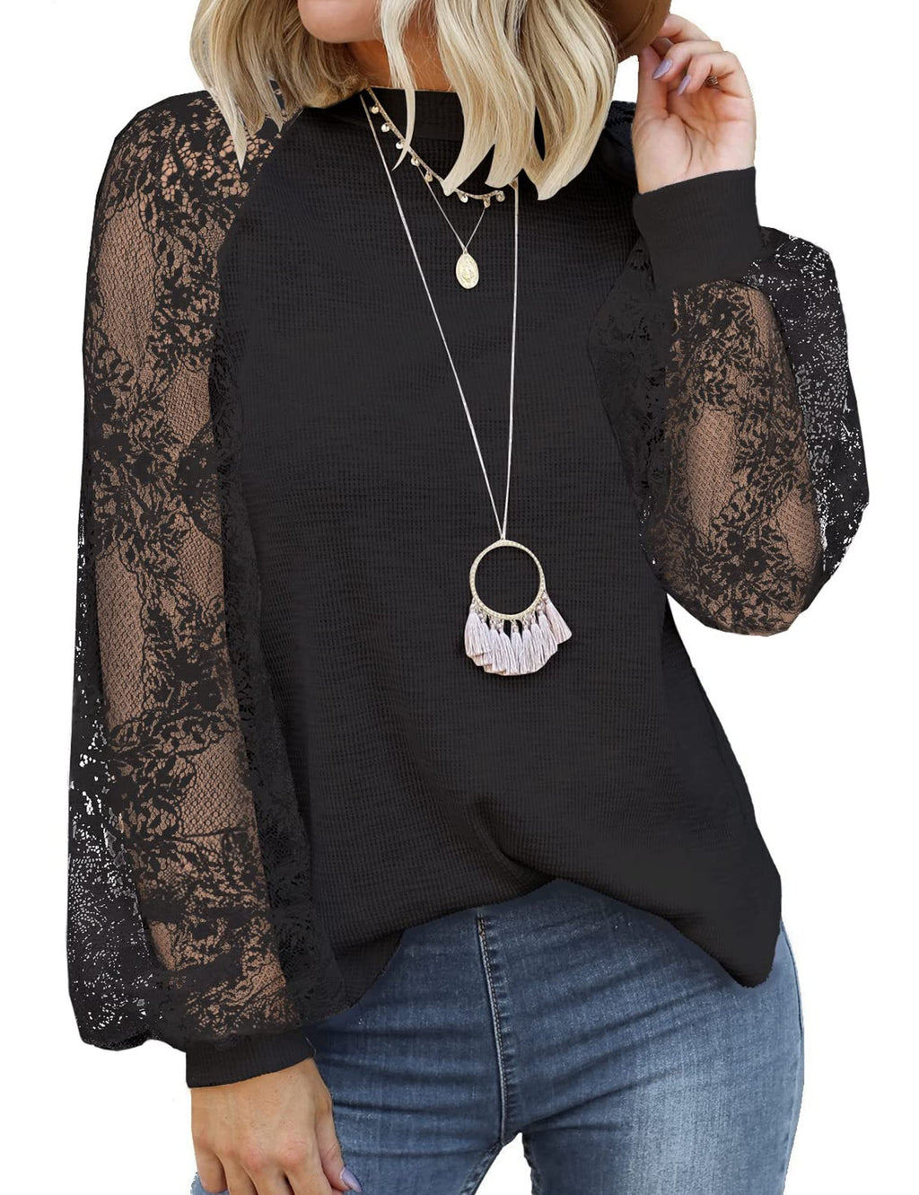 MIHOLL Women's Long Sleeve Tops Lace Casual Loose Blouses Shirts Dressy Outfits