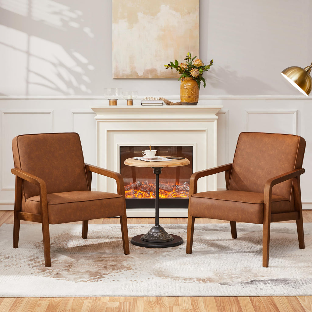 Yaheetech Accent Chair, PU Leather Reading Chair, Mid Century Modern Arm Chair with Solid Wood Frame for Living Room Bedroom Waiting Room, 2 Pieces, Black