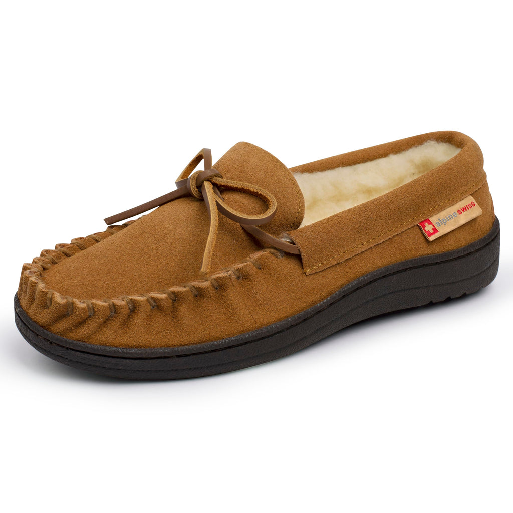 Alpine Swiss Sabine Womens Moccasin Slippers Genuine Suede House Shoe Memory Foam Insole Plush Faux Shearling Fur Indoor Outdoor Anti-Slip Rubber Sole