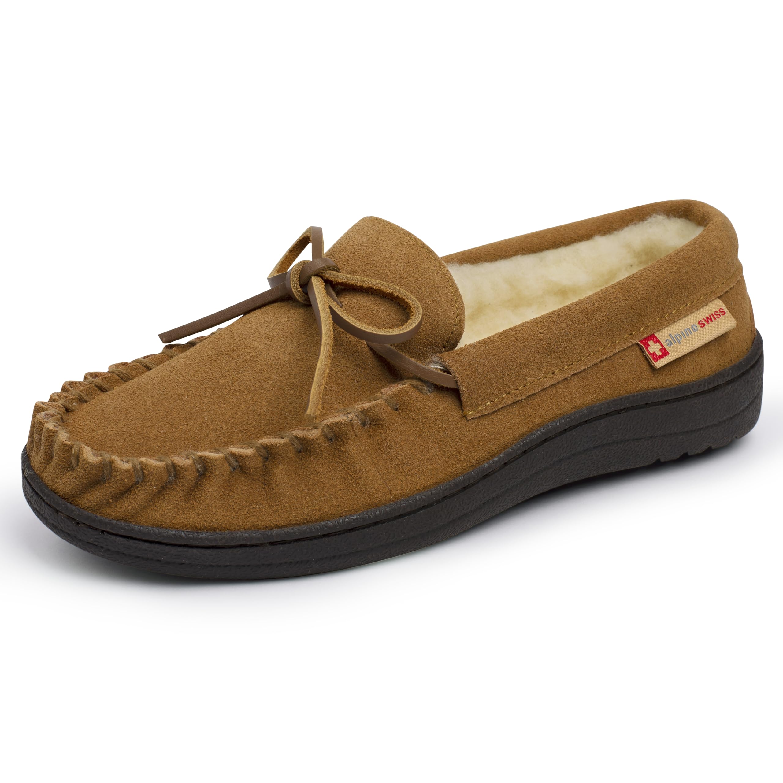 Alpine Swiss Sabine Womens Moccasin Slippers Genuine Suede House Shoe Memory Foam Insole Plush Faux Shearling Fur Indoor Outdoor Anti-Slip Rubber Sole