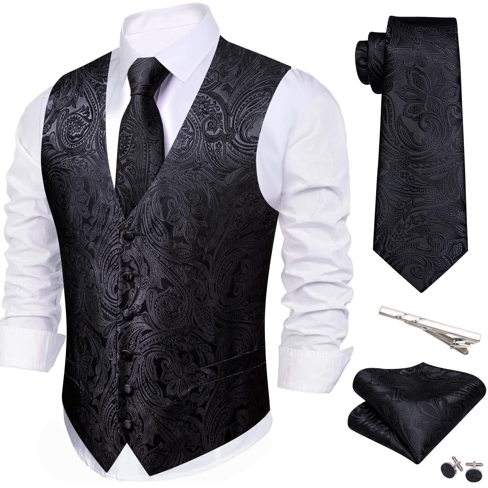 Barry.Wang Men's Suit Vest Formal/Leisure Paisley Jacquard Silk Tie Pocket Square Waistcoat Set Wedding 5PCS