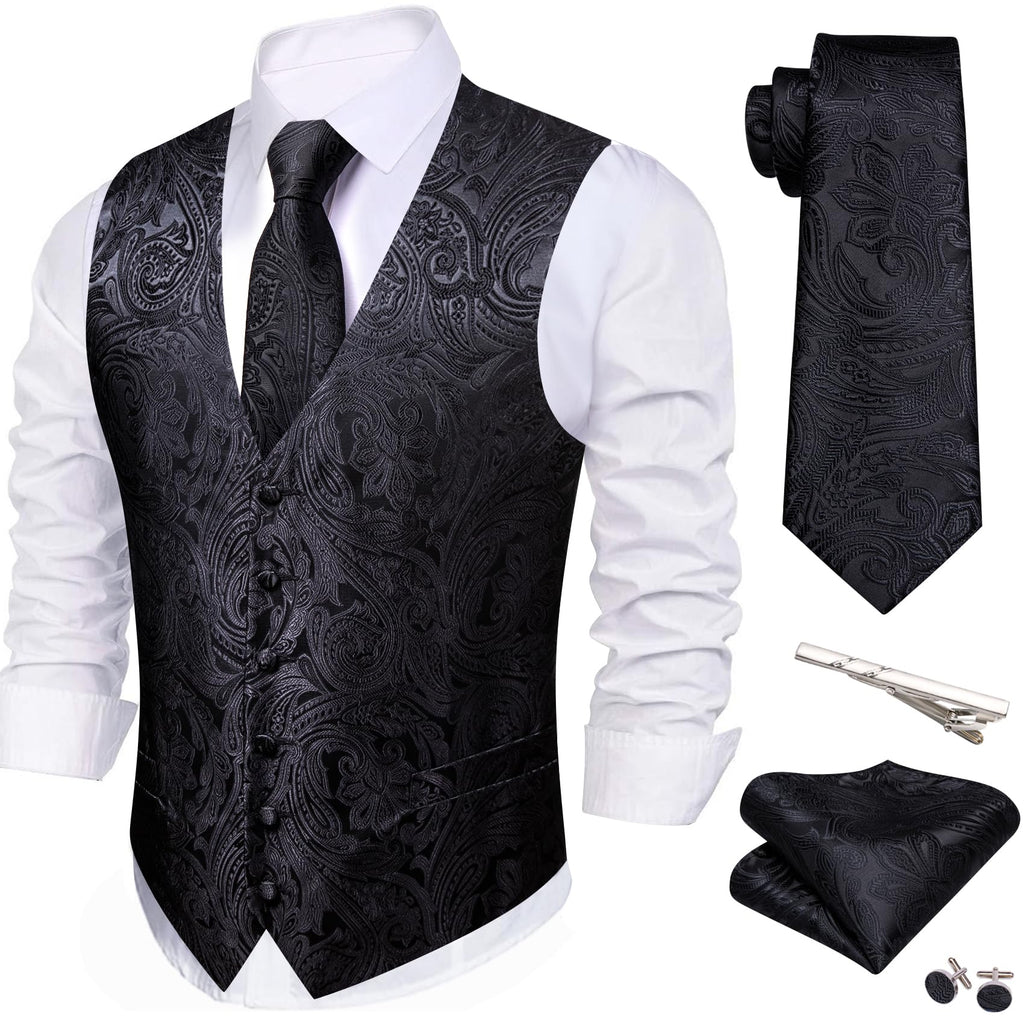 Barry.Wang Men's Suit Vest Formal/Leisure Paisley Jacquard Silk Tie Pocket Square Waistcoat Set Wedding 5PCS