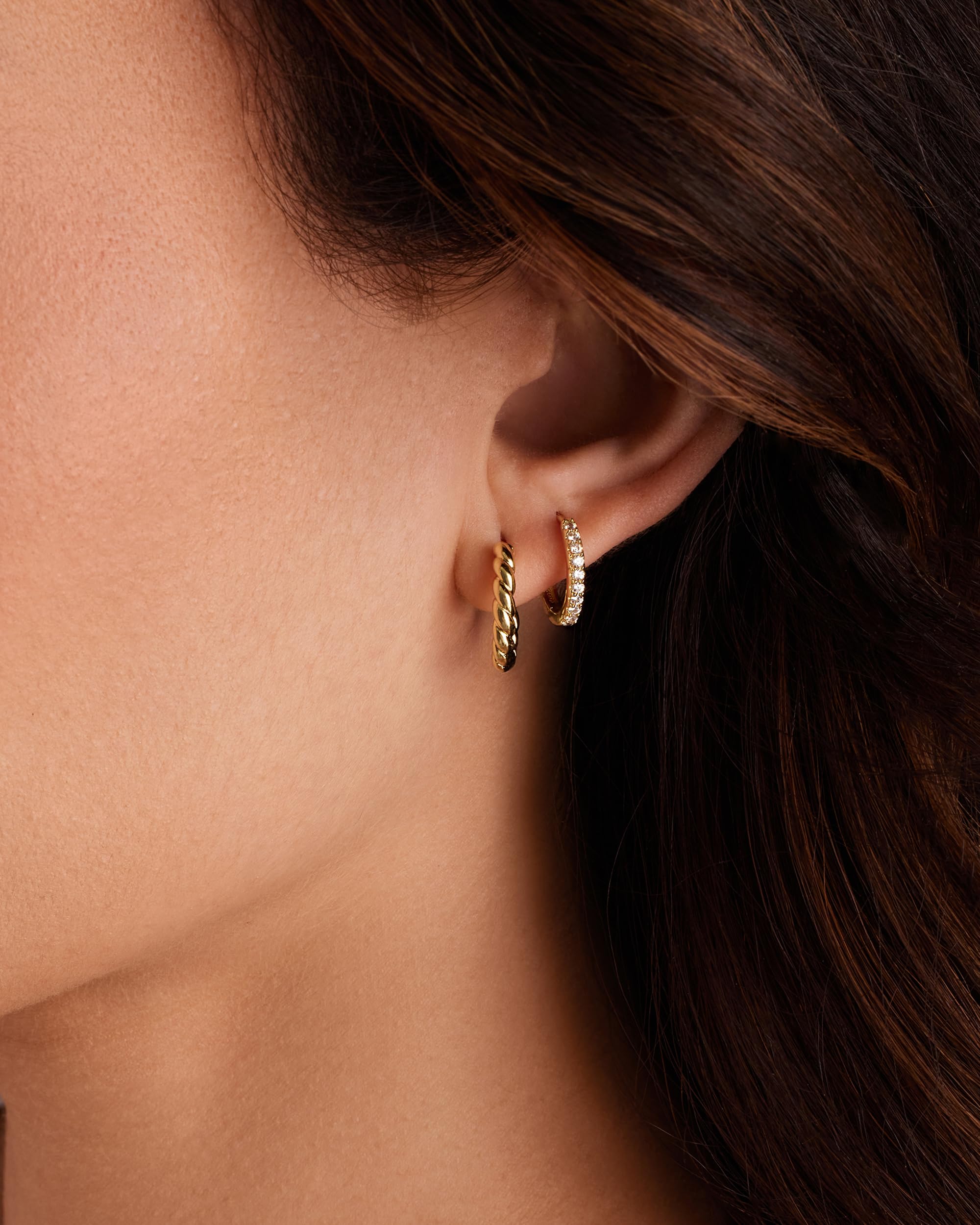 PAVOI Gold Hoop Earrings for Women - 14K-18K Yellow Gold Plated 925 Sterling Silver - Hypoallergenic 3-Pair Small Hoop Earings Set with Cubic Zirconia - Rope Teardrop & Chunky Huggie Styles Earscape Piercings