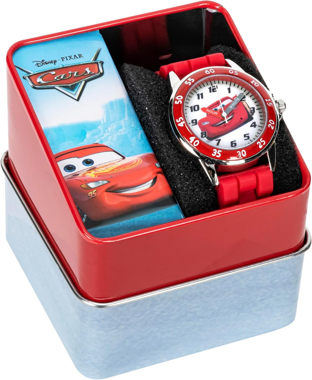 Disney Pixar Cars Kids' Time-Teaching Watch – Lightning McQueen Design with Red Silicone Strap, Easy-to-Read Dial, and Adjustable Fit for Wrists 5.5" to 8"