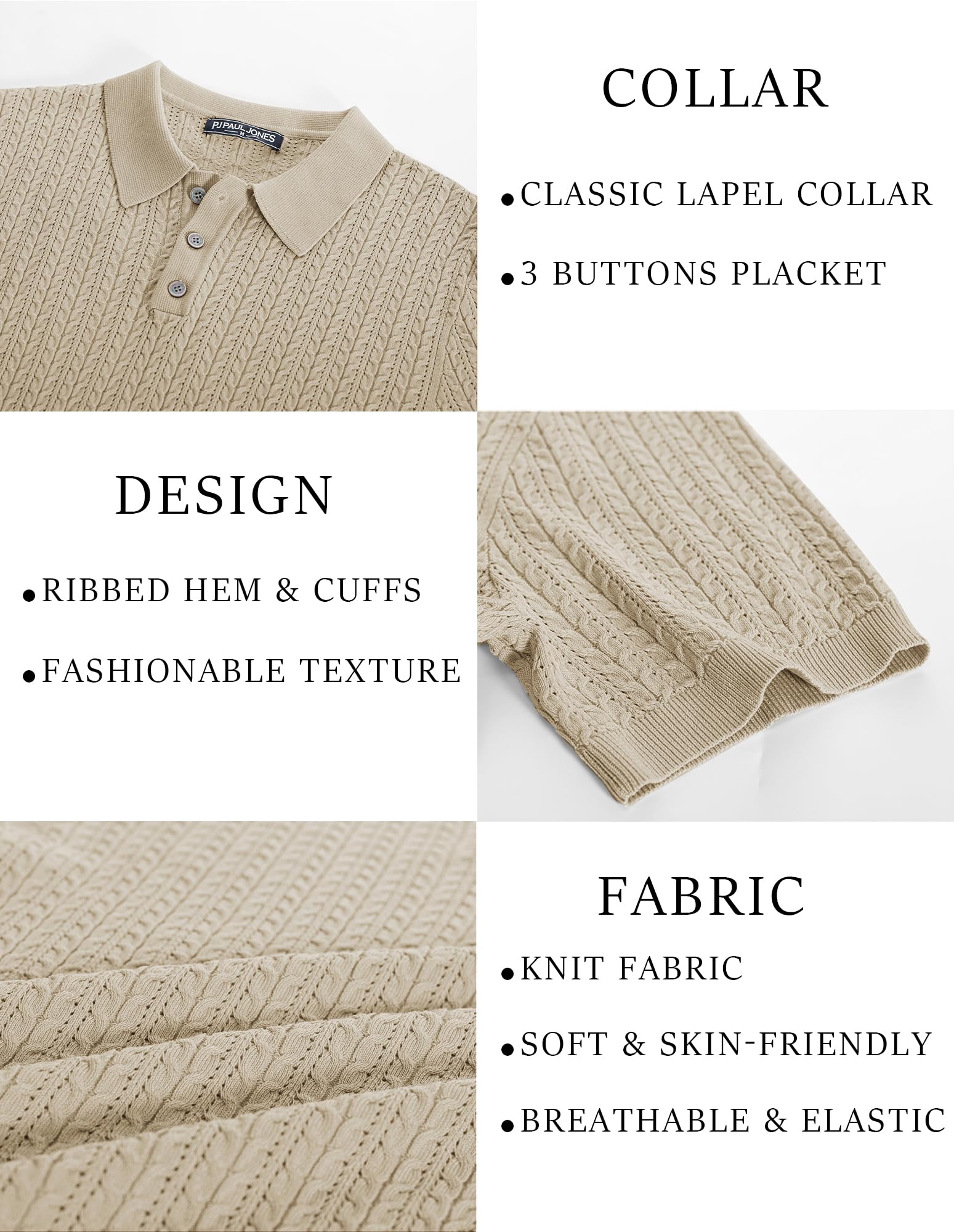 PJ PAUL JONES Mens Knit Polo Shirt Short Sleeve Hollow Out Knit Shirt Texture Knitted Polo
