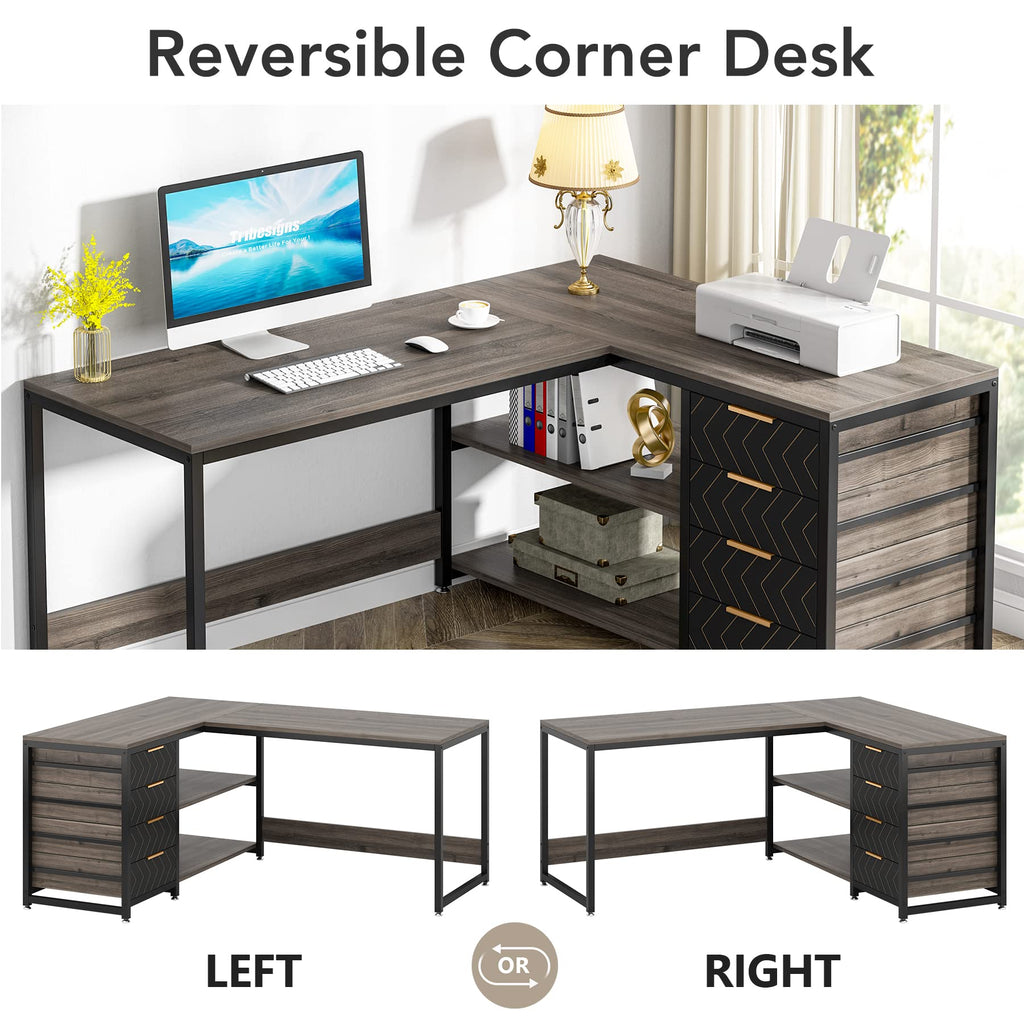 LITTLE TREE 59-Inch L Shaped Desk with Drawers, Large Computer Desk with Storage Shelves, Reversible L-Shaped Corner Desk Workstation for Home Office