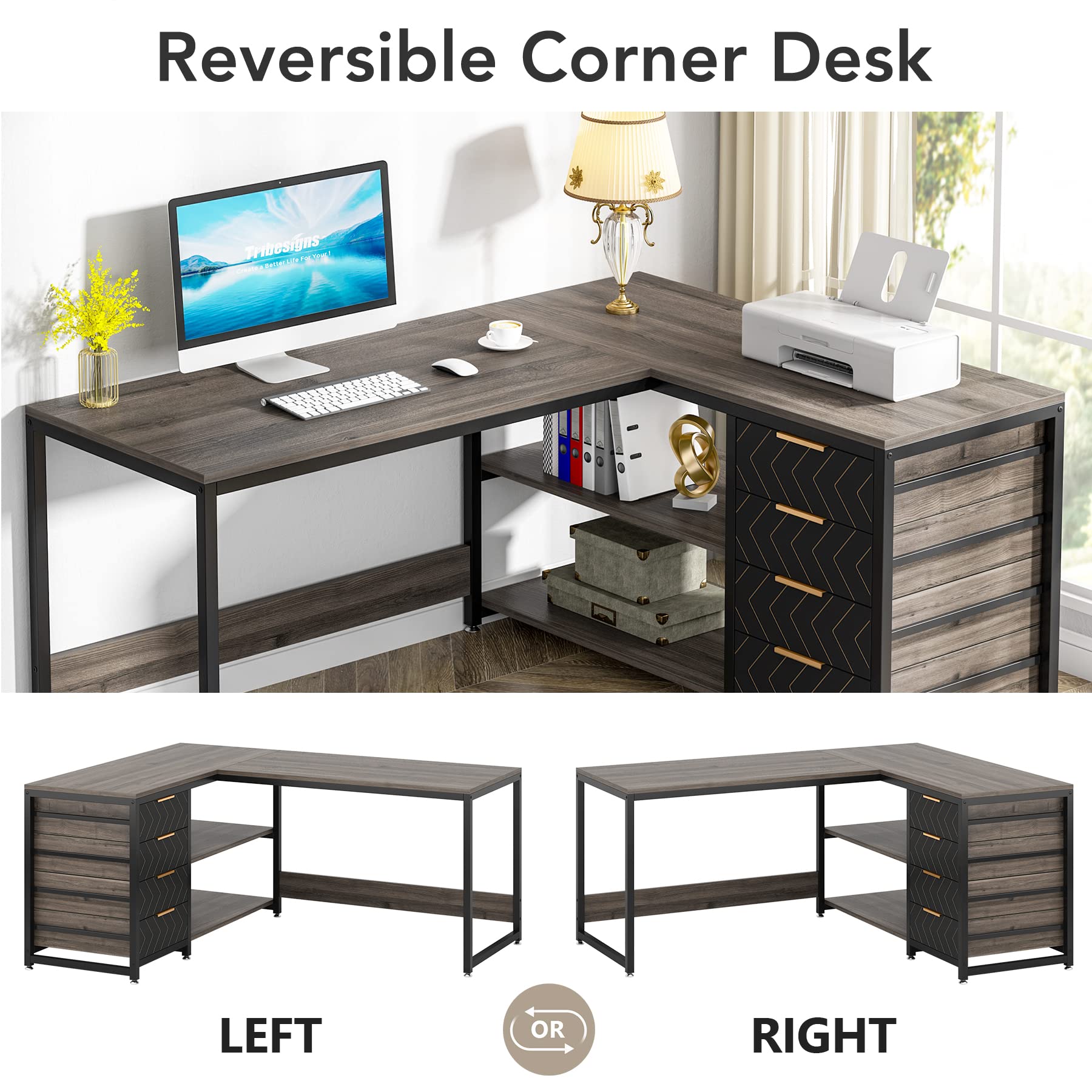 LITTLE TREE 59-Inch L Shaped Desk with Drawers, Large Computer Desk with Storage Shelves, Reversible L-Shaped Corner Desk Workstation for Home Office