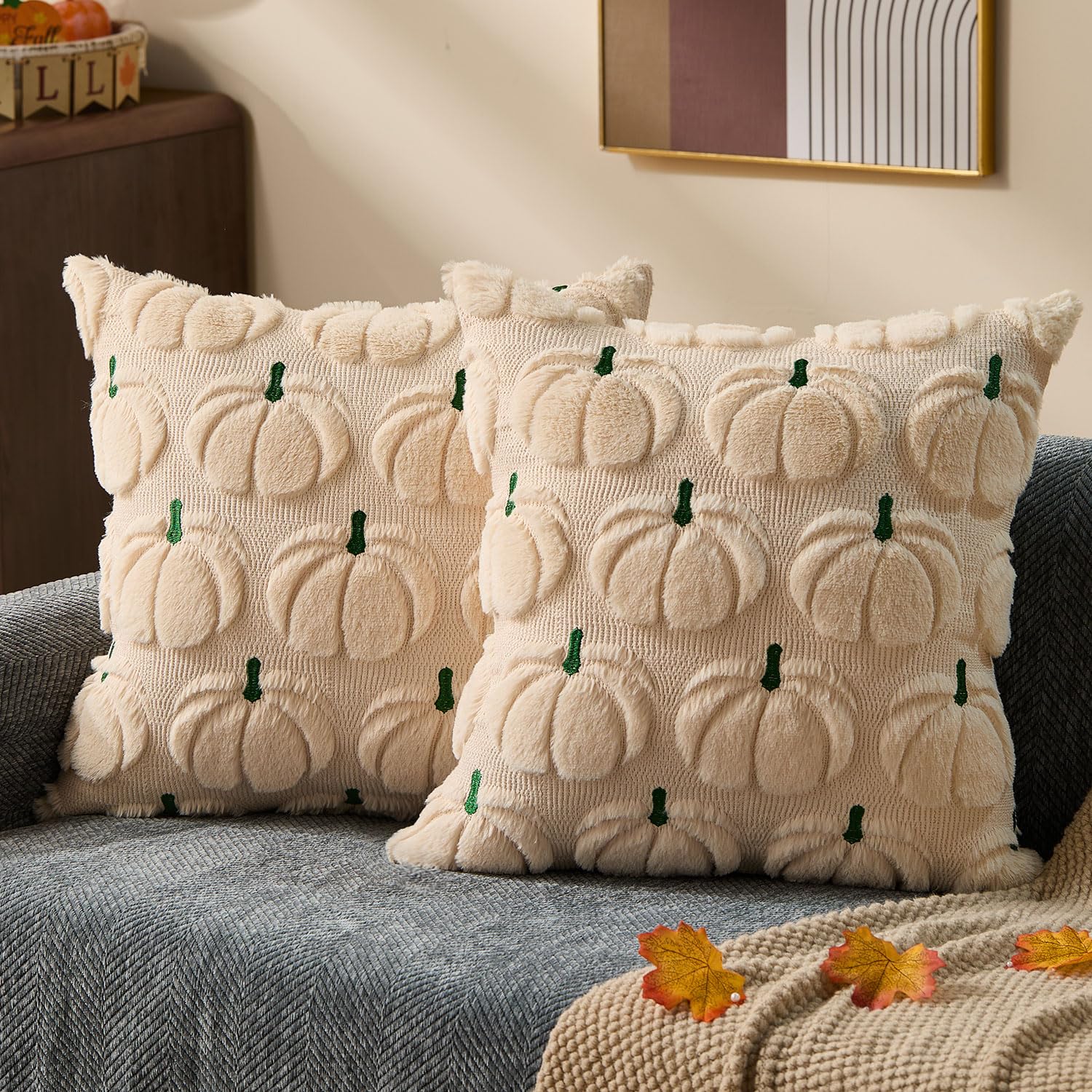 DFXSZ Fall Pillow Covers 16x16 Set of 2 Fall Decorations Autumn Beige Pumpkin Throw Pillow Cases Soft Plush Faux Fur Wool Couch Cushion Case for Chair Sofa Bedroom Living Room Home Decor PTK02B16