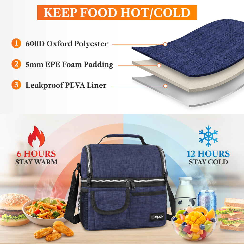 opux Insulated Lunch Bag Women Men, Dual Compartment Leakproof Lunch Box Adults Kids, Double Decker Meal Prep Bento Lunch Cooler Tote with Shoulder Strap for Work Office School Travel, Black