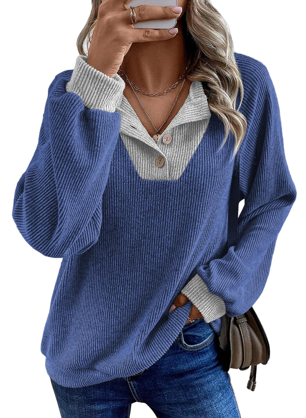 EVALESS Womens Fall Fashion 2026 Womens Long Sleeve Shirts Patchwork Button Up V Neck Sweatshirt Casual Pullover Tops