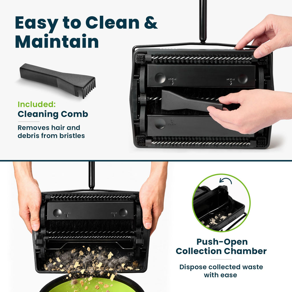 Alpine Manual Carpet Sweeper Triple Brush – Cordless Non Electric Multi-Surface Floor Brush Hardwood Floor Cleaner Easy Sweeping for Carpeted Floors (Improved Black)