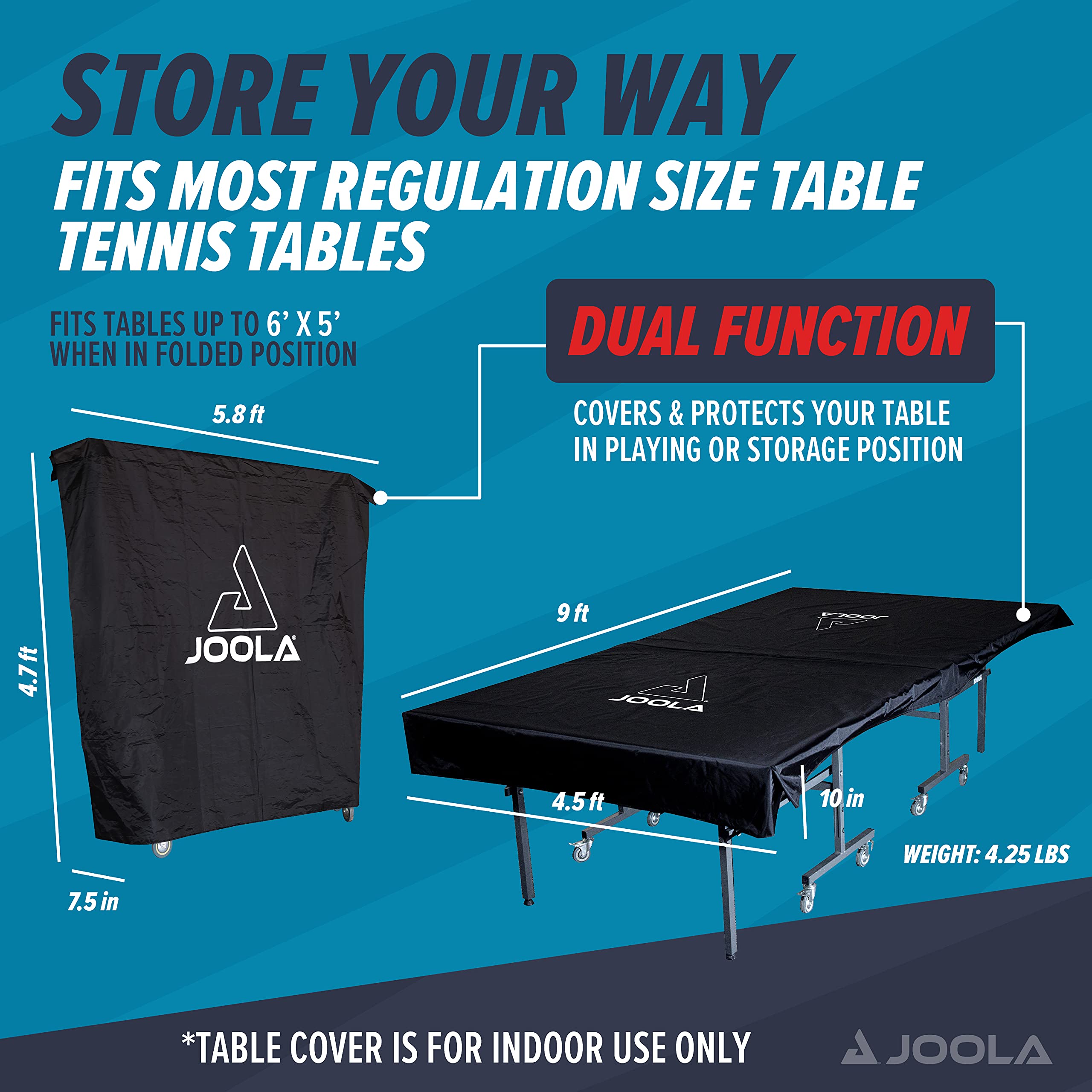 JOOLA Outdoor Ping Pong Table Cover Fits Both Folding & Flat Tables - Heavy Duty Waterproof Cover w/ PVC Coating - Dual Function, Fits 9x5 Tables in Upright or Down Positions - Inside & Outside