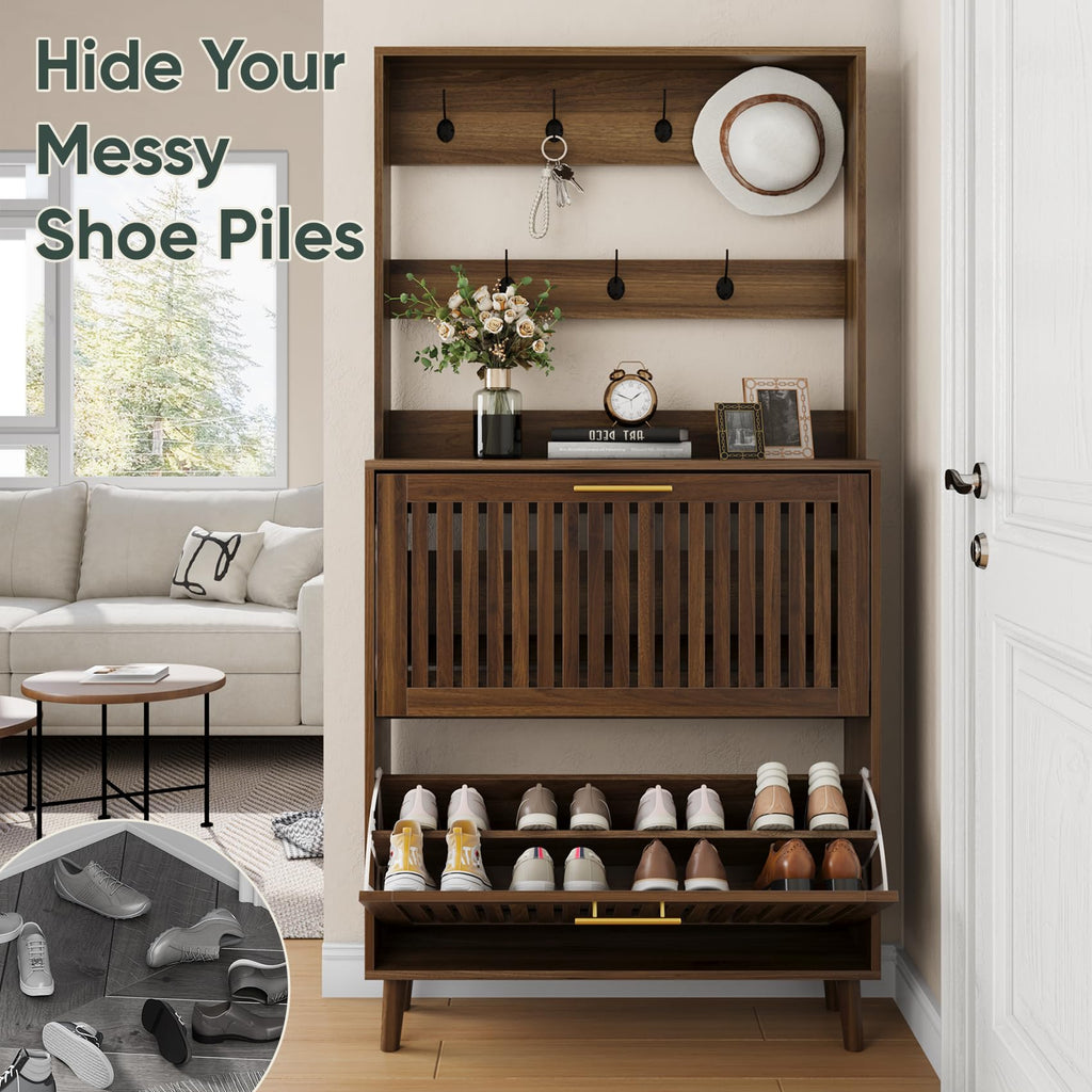 Smart FENDEE Shoe Cabinet with 2 Flip Slatted Drawers, Farmhouse Slim Shoe Organizer Rack with Golden Handles, Freestanding Hidden Entryway Storage for Hallway, Natural