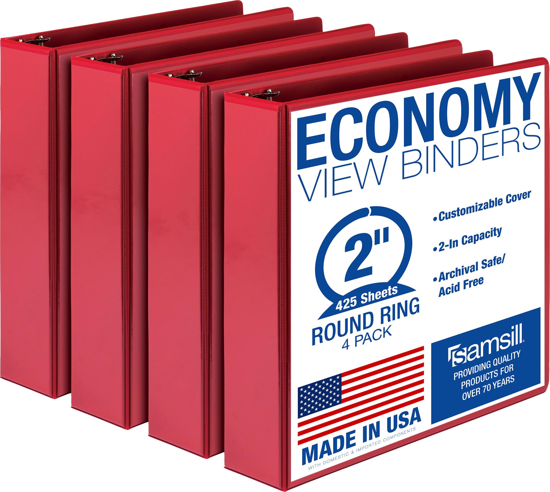 Samsill 1 Inch 3 Ring Binders, Economy Round Ring, Clear View Cover, 200 Sheet Capacity - for School, Home, Office - Blue, 4 Pack