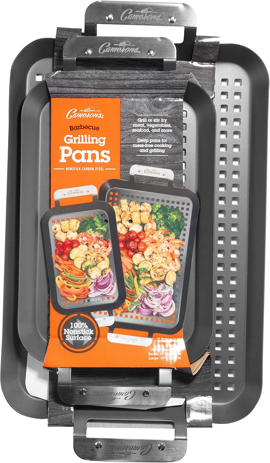 Camerons BBQ Grill Topper Grilling Pans (Set of 2)- Non-Stick Barbecue Trays w Stainless Steel Handles - Indoor Outdoor use for Barbecue & Smoked Meat, Vegetables & Seafood- Grill Gift for Fathers Day