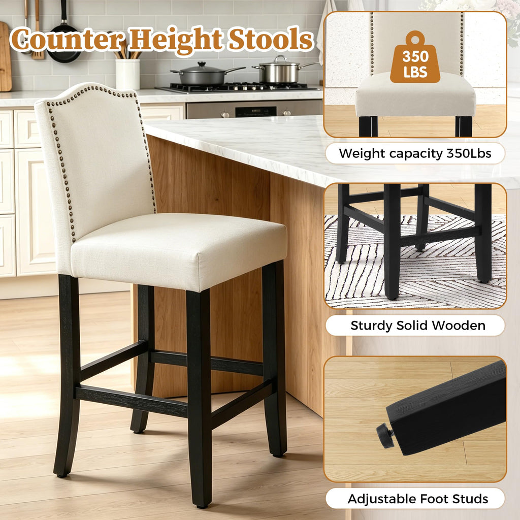 LSSPAID Counter Height Bar Stools Set of 2, 24.8 Inch Modern Upholstered Fabric Barstools, Kitchen Island Chairs with Bronze Nail Backrest and Solid Wood Legs for Kitchen Pub Home Cafe, Beige
