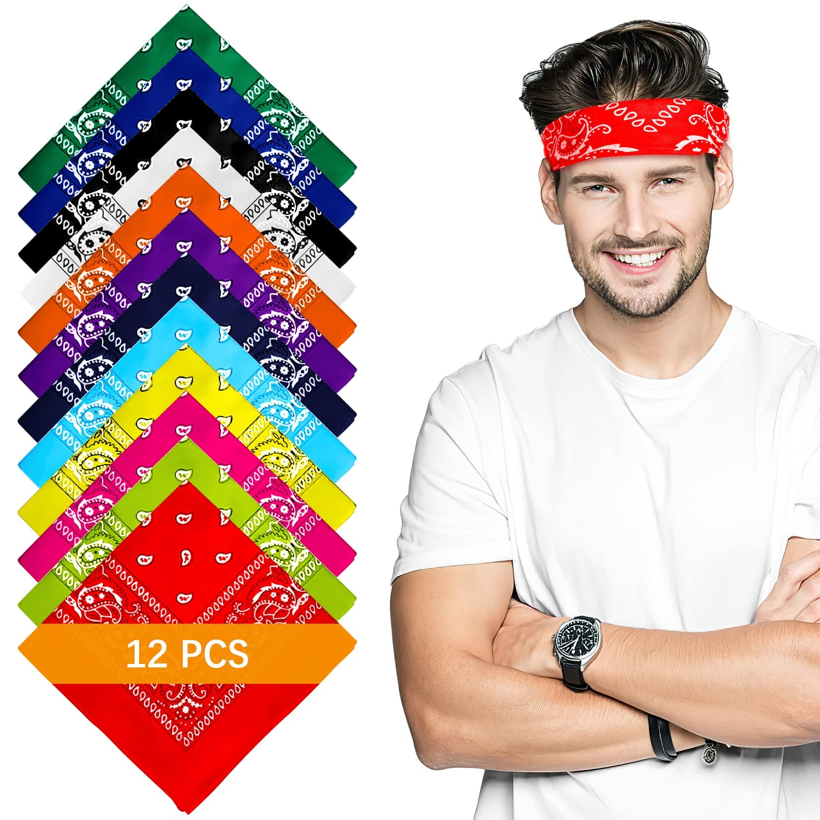 AURUZA 12-44pcs Bandanas for Men Women Paisley Large Bandana Black Red White Head Wrap Headbands Cowboy Handkerchief