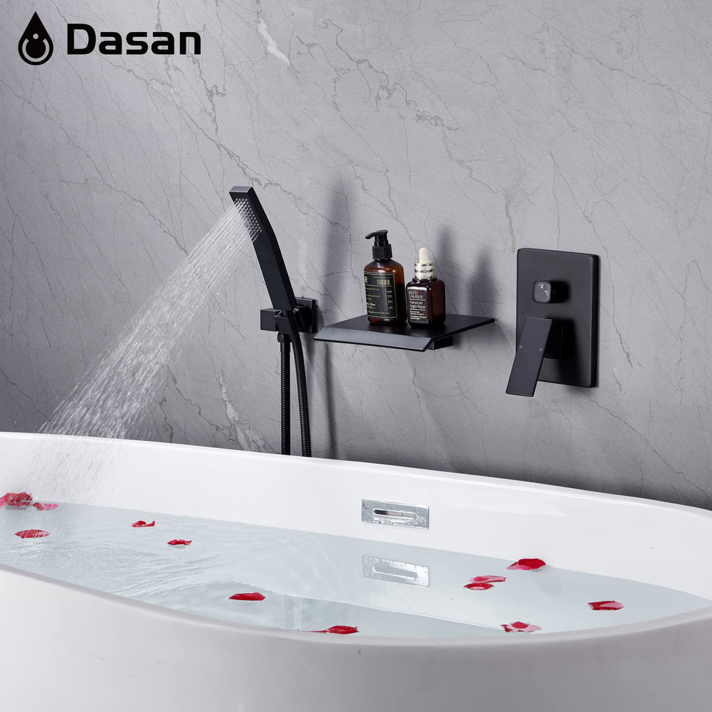 Upgraded Wall Mount Tub Filler Faucet with Handheld Shower, DASAN Modern Wall Mounted Bathtub Faucet Brushed Gold High Flow Waterfall Tub Faucet with Rough in Valve, SA-TF04WH-BG