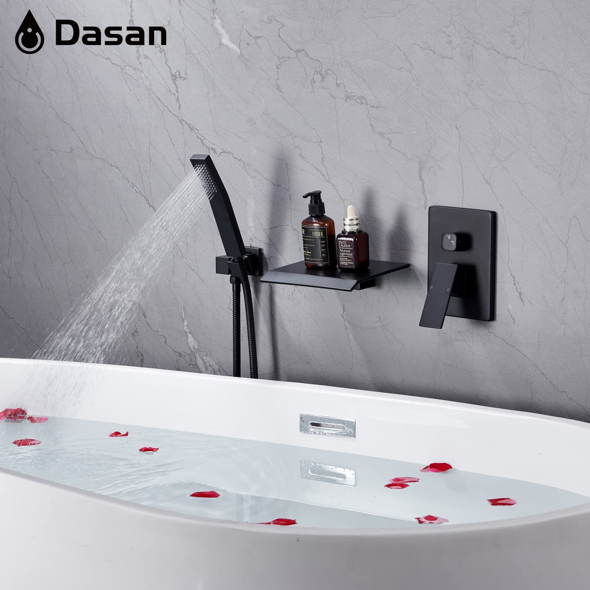 Upgraded Wall Mount Tub Filler Faucet with Handheld Shower, DASAN Modern Wall Mounted Bathtub Faucet Brushed Gold High Flow Waterfall Tub Faucet with Rough in Valve, SA-TF04WH-BG