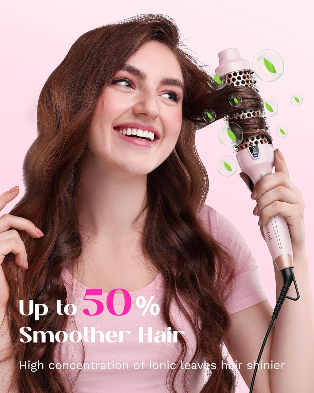 Wavytalk Thermal Brush, Blowout Express 1.5 Inch Negative Ion Thermal Round Brush Creates Blowout Look Makes Hair Shinier & Smoother, Dual Voltage, Easy to Use (Pink)