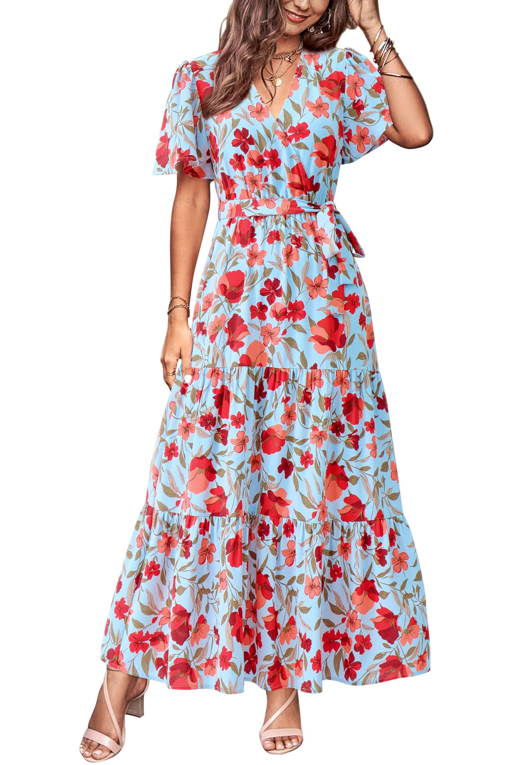 MASCOMODA Womens Summer Swiss Dot Maxi Dresses Wrap V Neck Flutter Short Sleeve Boho Casual Flowy Long Wedding Guest Dress