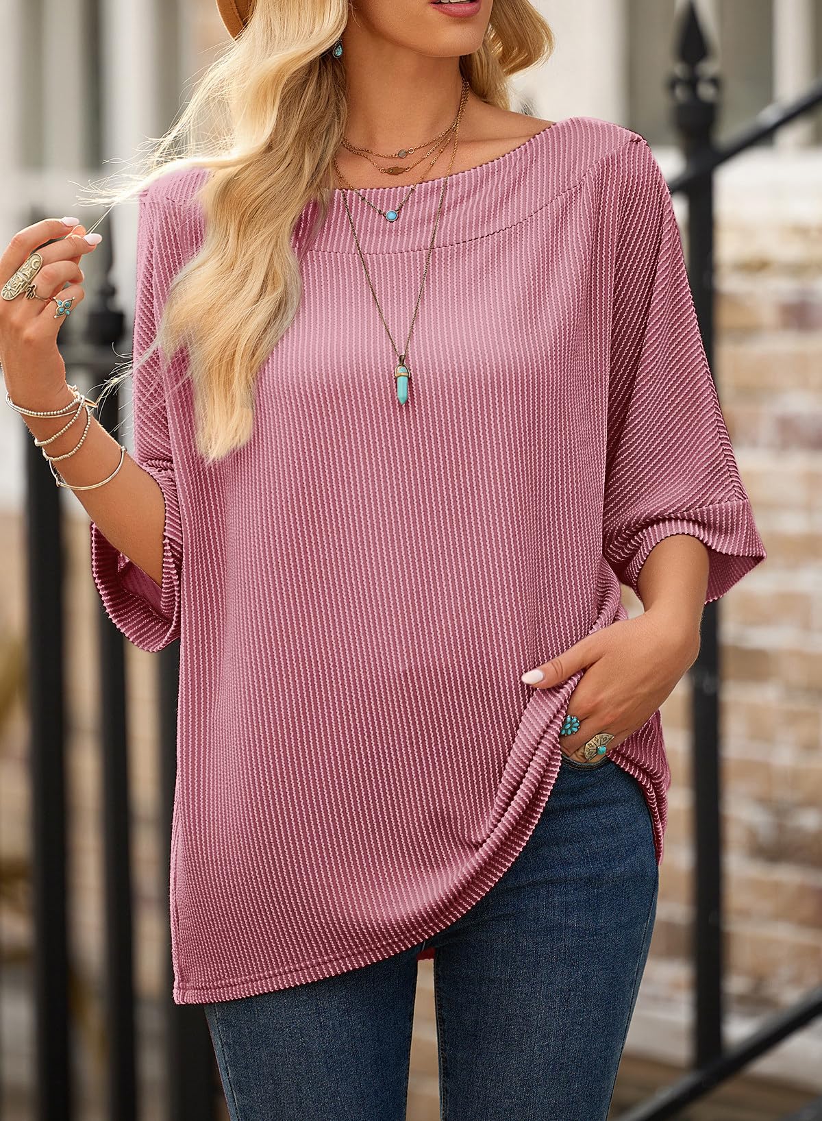 EVALESS Sexy Off The Shoulder Tops for Women 3/4 Length Sleeve Womens Tops Spring Summer 2026 Boat Neck One Shoulder Shirts