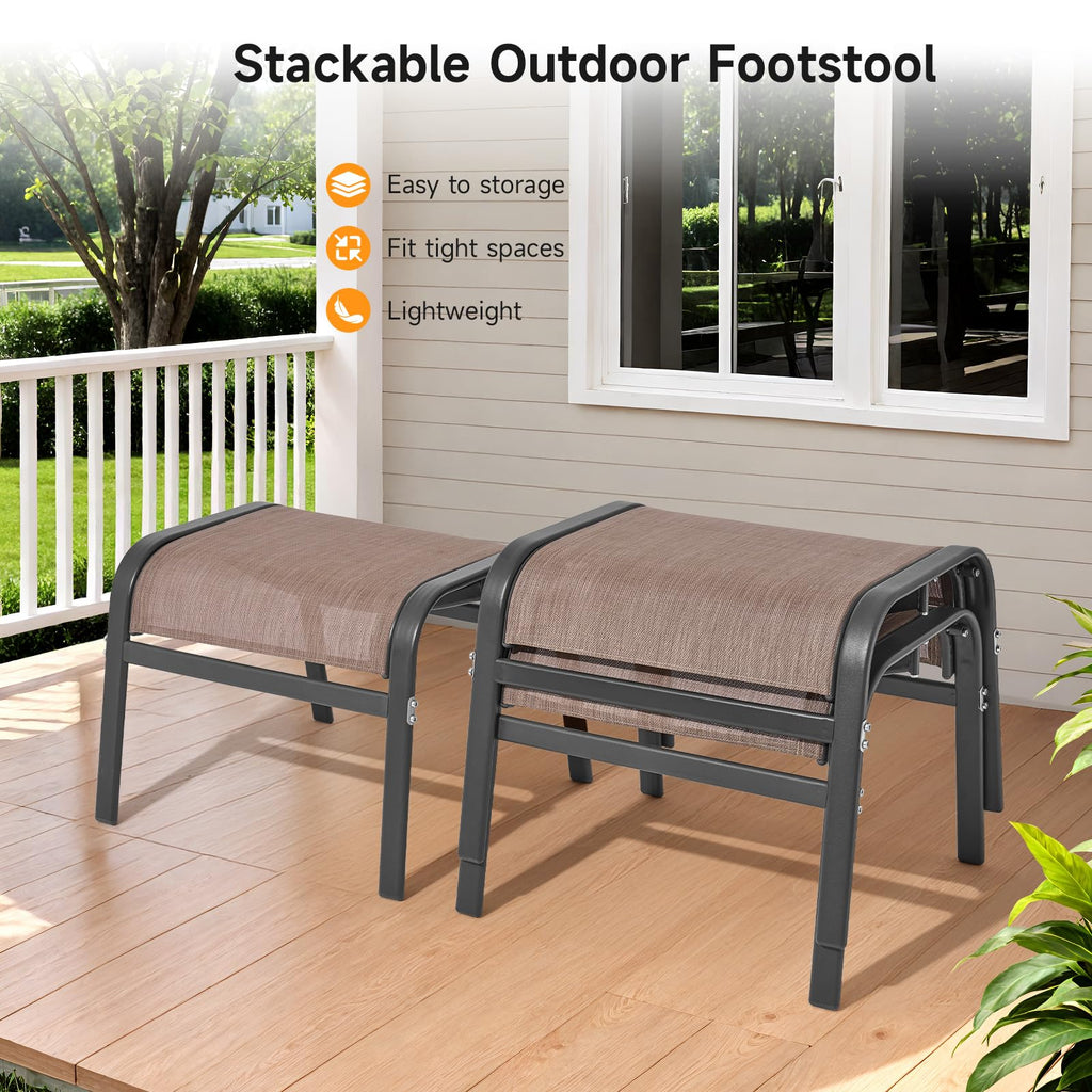 ONBRILL Outdoor Ottoman Set of 2, All Weather Outdoor Foot Stool with Supportive Textliene and Metal Frame, Stackable Oversized Outdoor Foot Rest for Furniture Patio Garden Pool, Beige