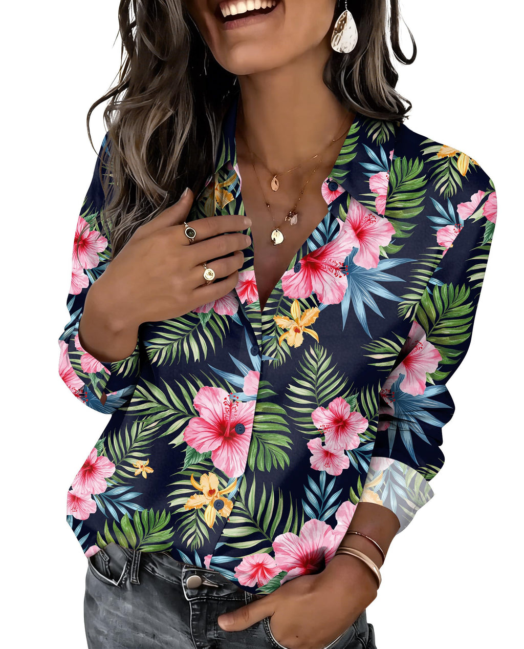 Zeagoo Button Down Shirts for Women Dressy Floral Printed Long Sleeve Blouse Business Casual Work Tops