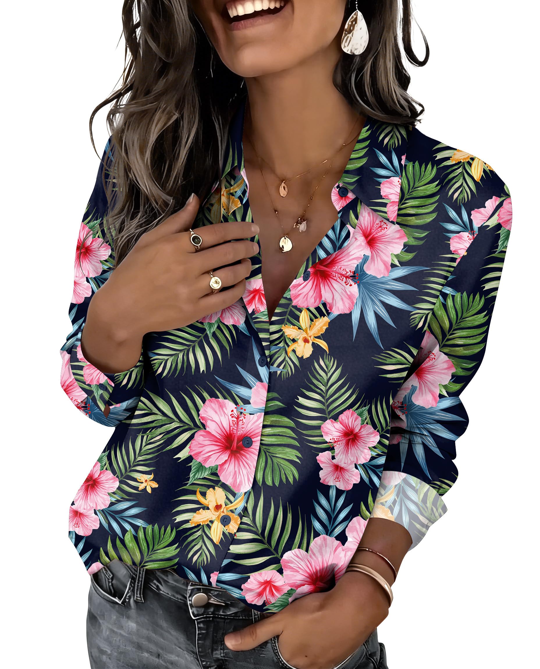 Zeagoo Button Down Shirts for Women Dressy Floral Printed Long Sleeve Blouse Business Casual Work Tops