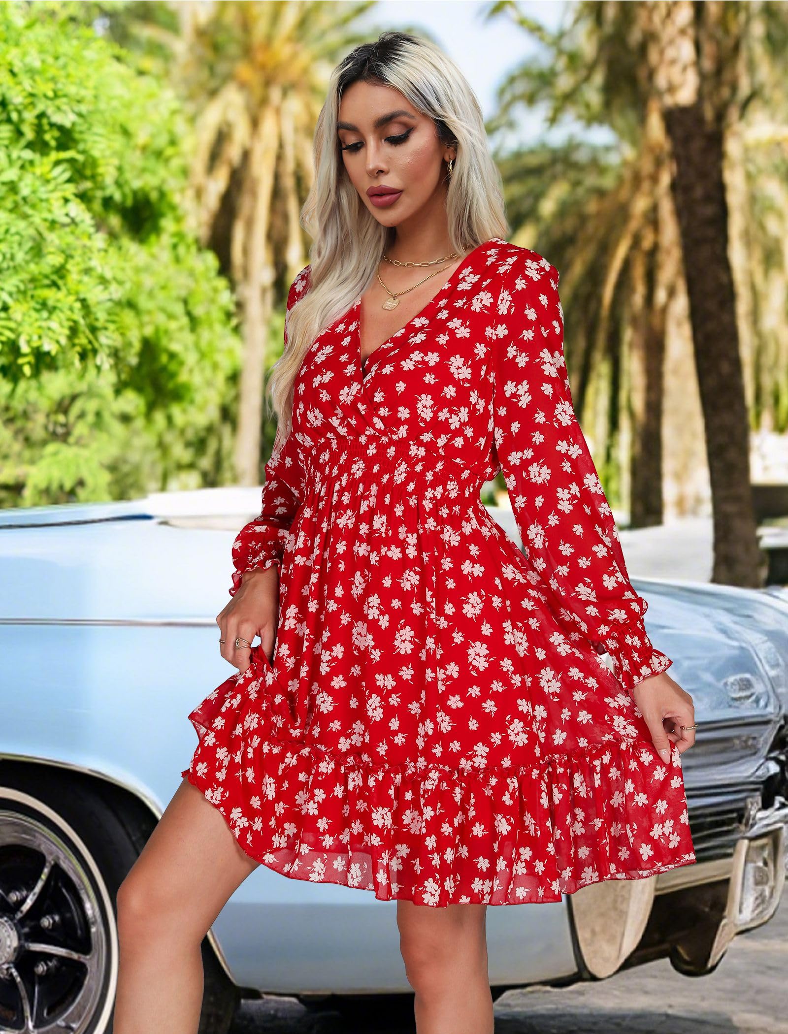 Prettywear Women's Floral Chiffon Long Sleeve Mini Dress Flowy A-Line Wrap Neck Tie Back Short Dress