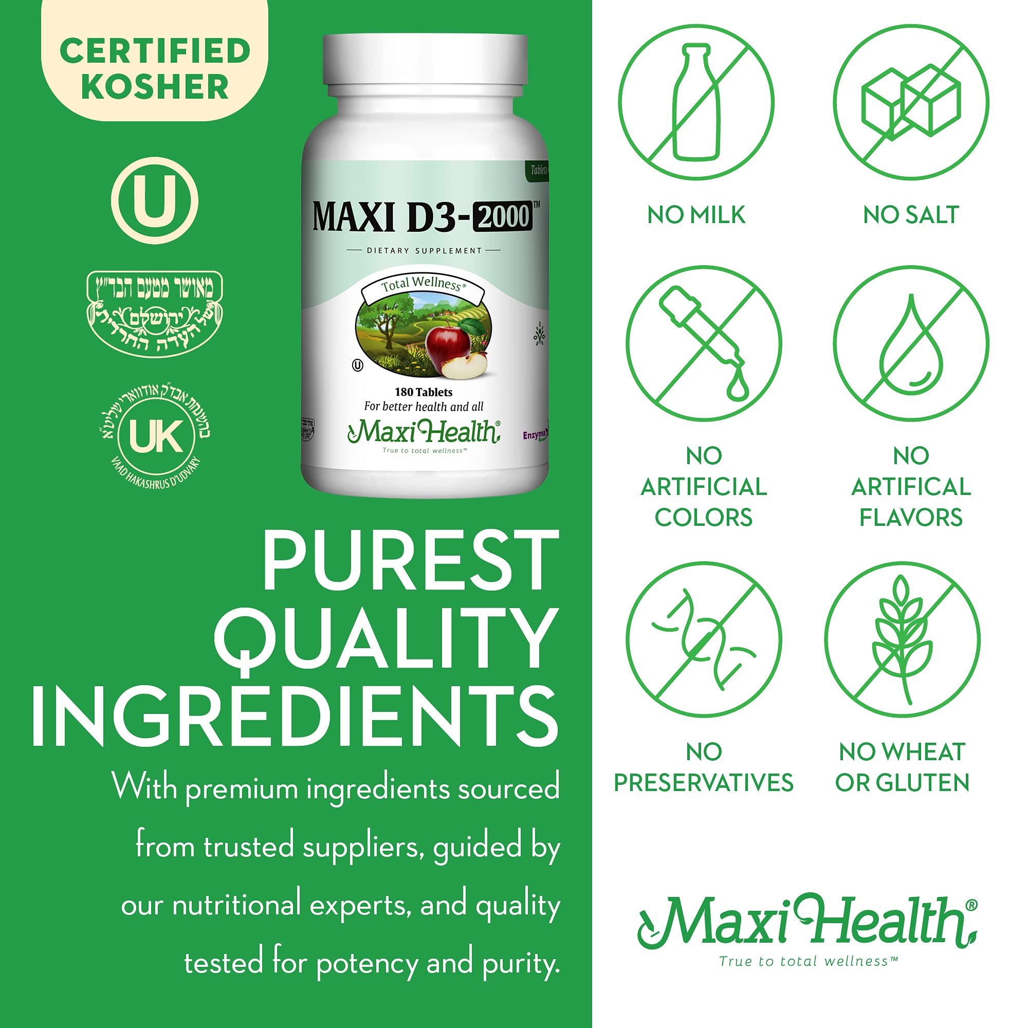 Maxi Health Vitamin D3 2000IU Tablets – Immune Support, Bone Health, and Muscle Function – Vitamin D 2000 IU Supplement for Adults – Kosher, Easy-to-Swallow, 90 Tablets