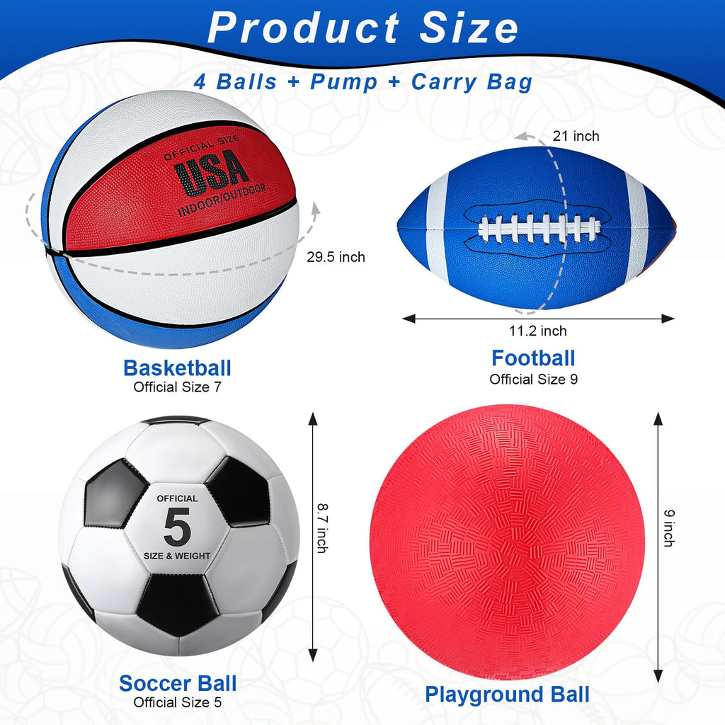 Lenwen 4 Pcs Sports Balls Set for Teen Adult, Include Official Size Basketball Soccer Football Playground Ball Pump Equipment Bag Ball Gifts Back to School