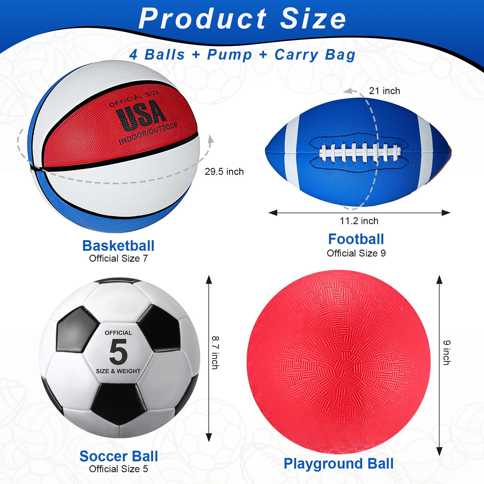 Lenwen 4 Pcs Sports Balls Set for Teen Adult, Include Official Size Basketball Soccer Football Playground Ball Pump Equipment Bag Ball Gifts Back to School