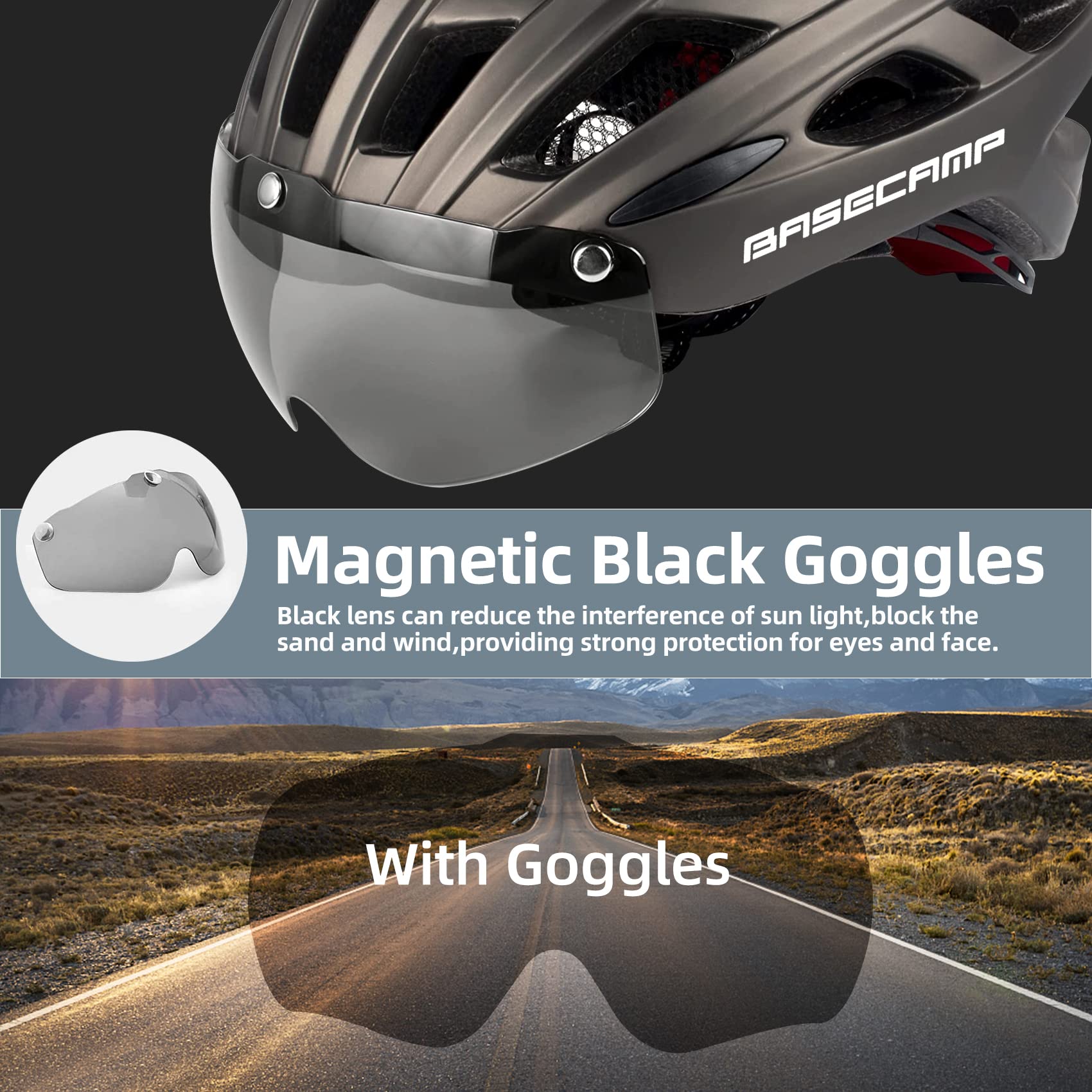 Bike Helmet, Basecamp Bicycle Helmet with Rear Light & Detachable Magnetic Goggles Lightweight Cycling Helmet Adjustable for Adult Men Women Mountain & Road (BC-069)
