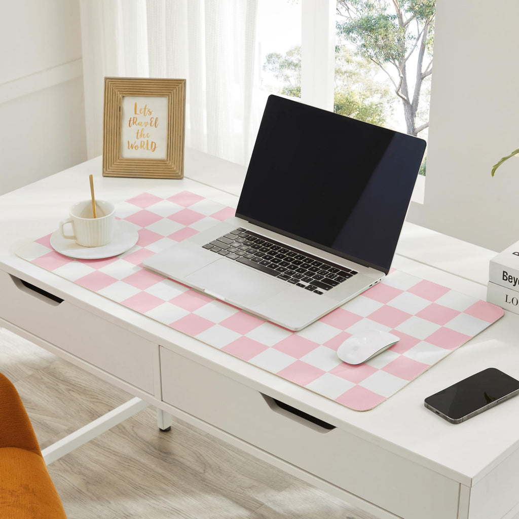 Ohocut Checkered Desk Mat, Large Cute Aesthetic Retro PU Leather Computer Laptop Desk Mat, Non-Slip Waterproof Mouse Keyboard Pad, Desk Writing Mat for Work/Home (Beige, 23.6" x 13.7")