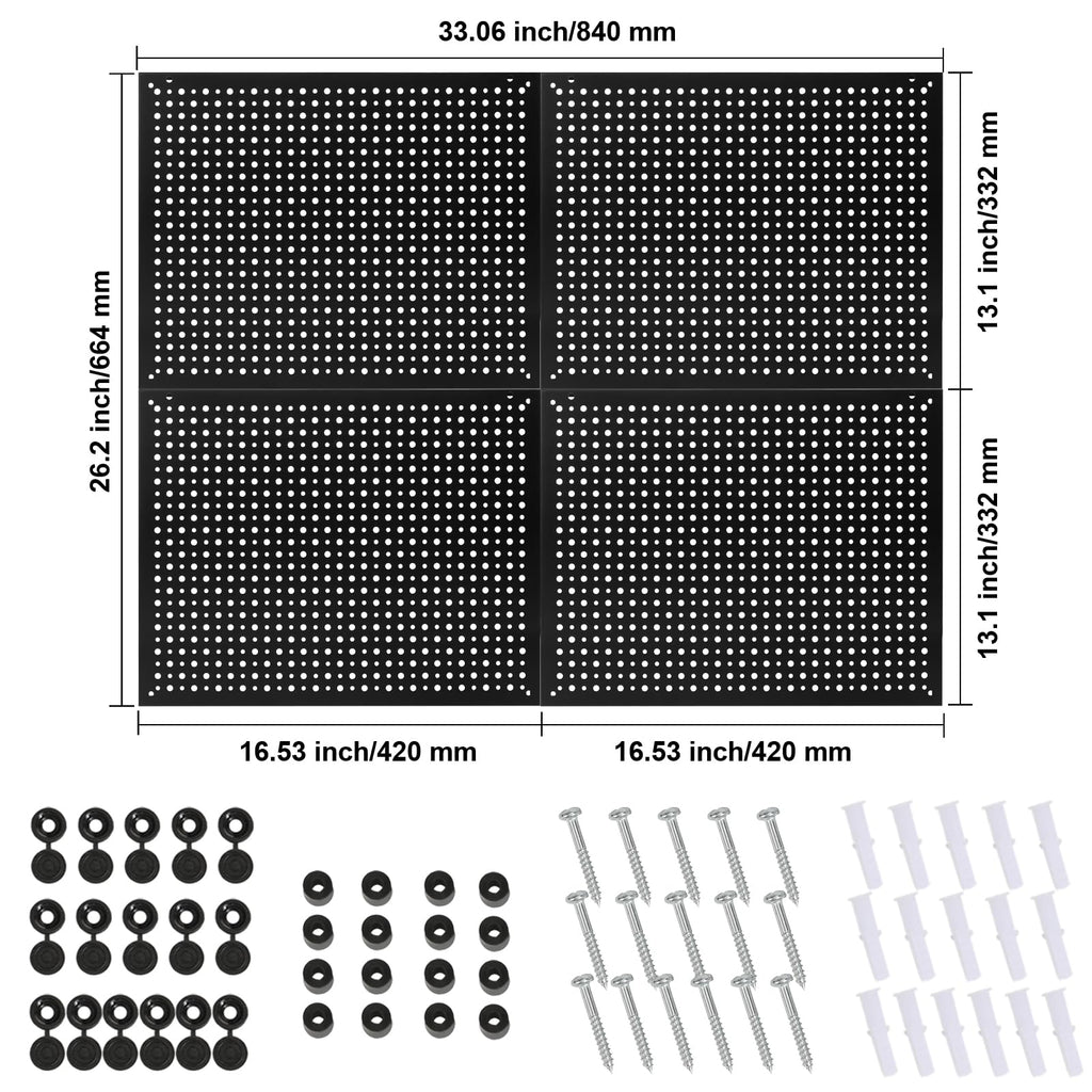 Peg Board,Steel Organization Panels, Ideal for Garage Tool Storage, Office Organization, Craft Room, Kitchen,Pack of 4 (Black, 4-12X12)