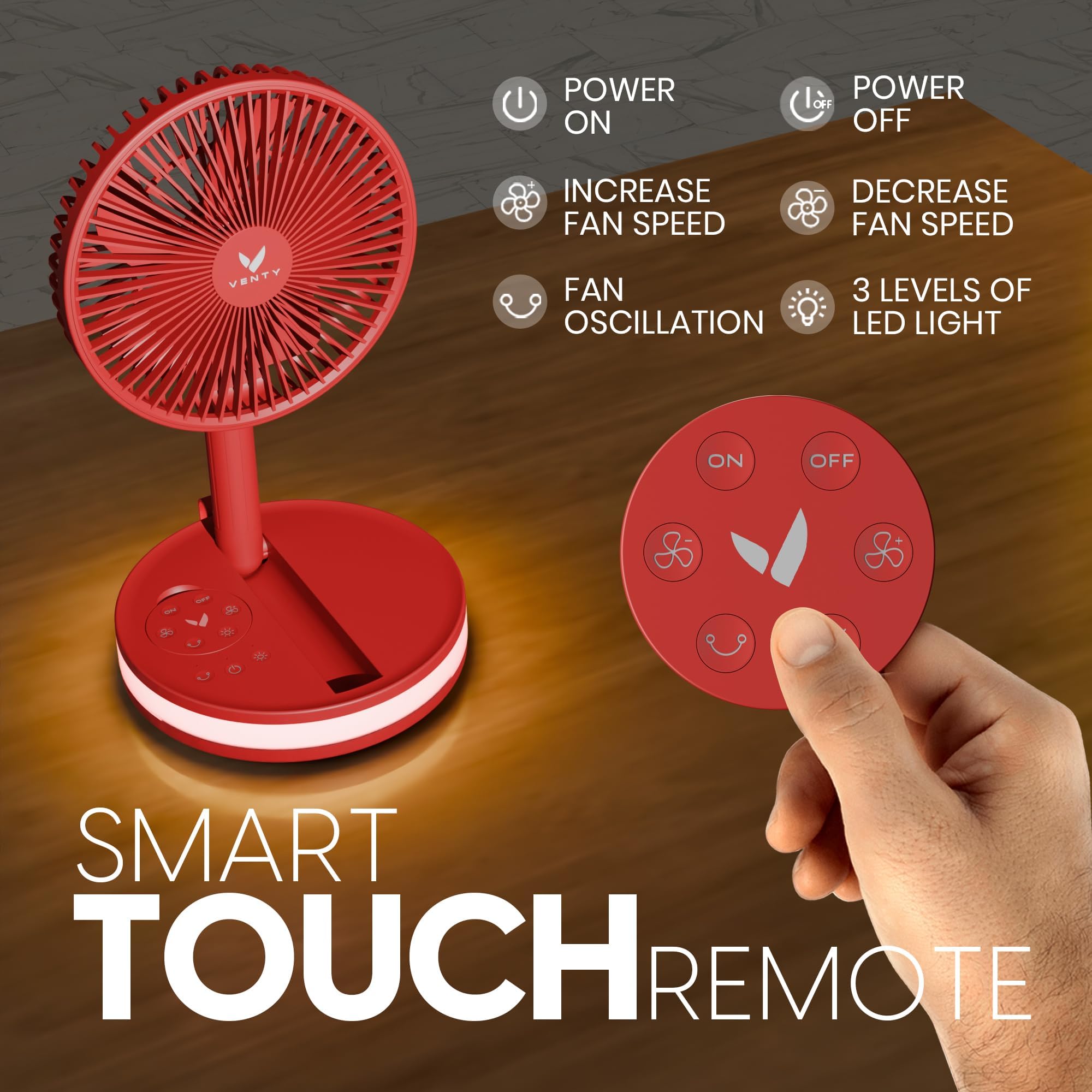 VENTY Portable Fan - Wireless Battery Operated Fan - 4 Speeds - LED Lighting - Carry Case & Remote Control - Cruise Travel - Outdoor Travel RV Power Bank With USB-C Port (Black with Case)