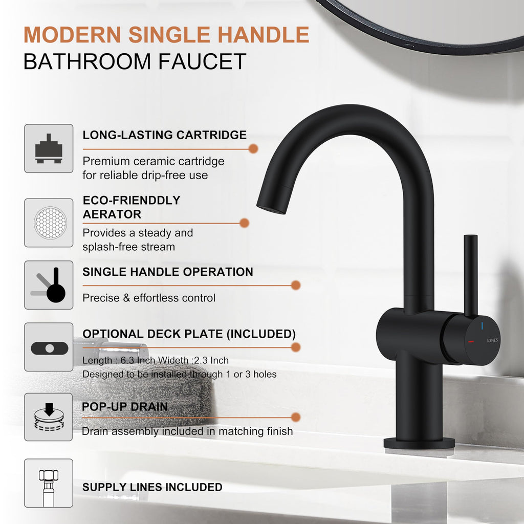 KENES Black and Gold Single Handle Bathroom Sink Faucet, Modern Prep Wet Bar Sink Faucet with Drain Assembly & Deck Plate, Vanity Faucets for Farmhouse RV Camper Utility, KE-9005B-BG