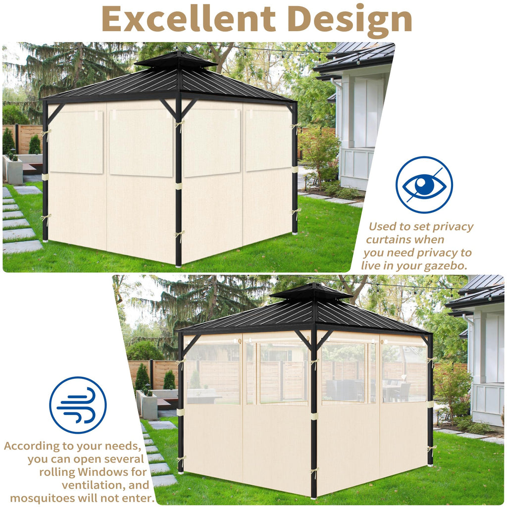 Gazebo Privacy Curtains 10' x 10' with Mosquito Windows, 4-Panels Side Wall with Zipper Universal Replacement for Patio, Outdoor Canopy, Garden and Backyard, Gray (Curtain Only)