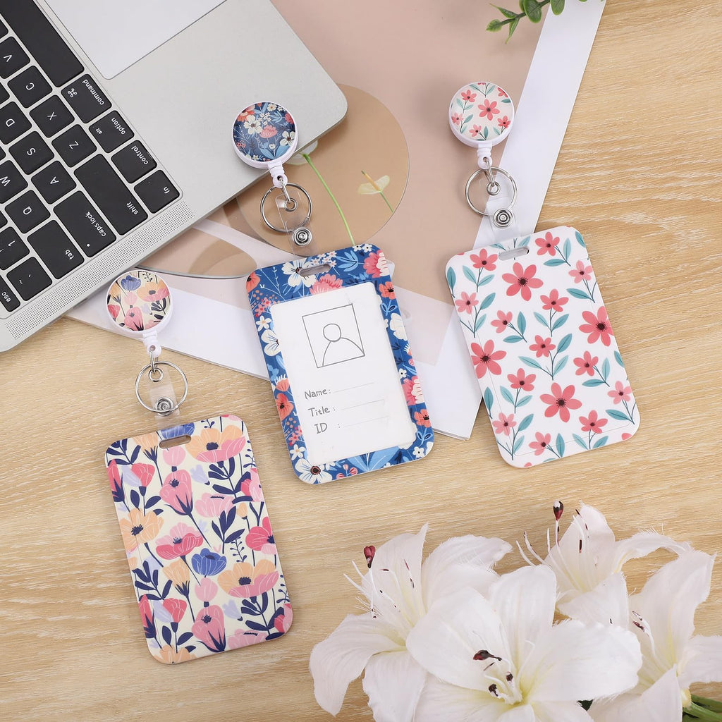 3 Set Badge Holder Retractable Reel Bloom ID Badge Holders with Clip Cute Name Badge Holders for Teacher Nurse Doctor Student Office Workers